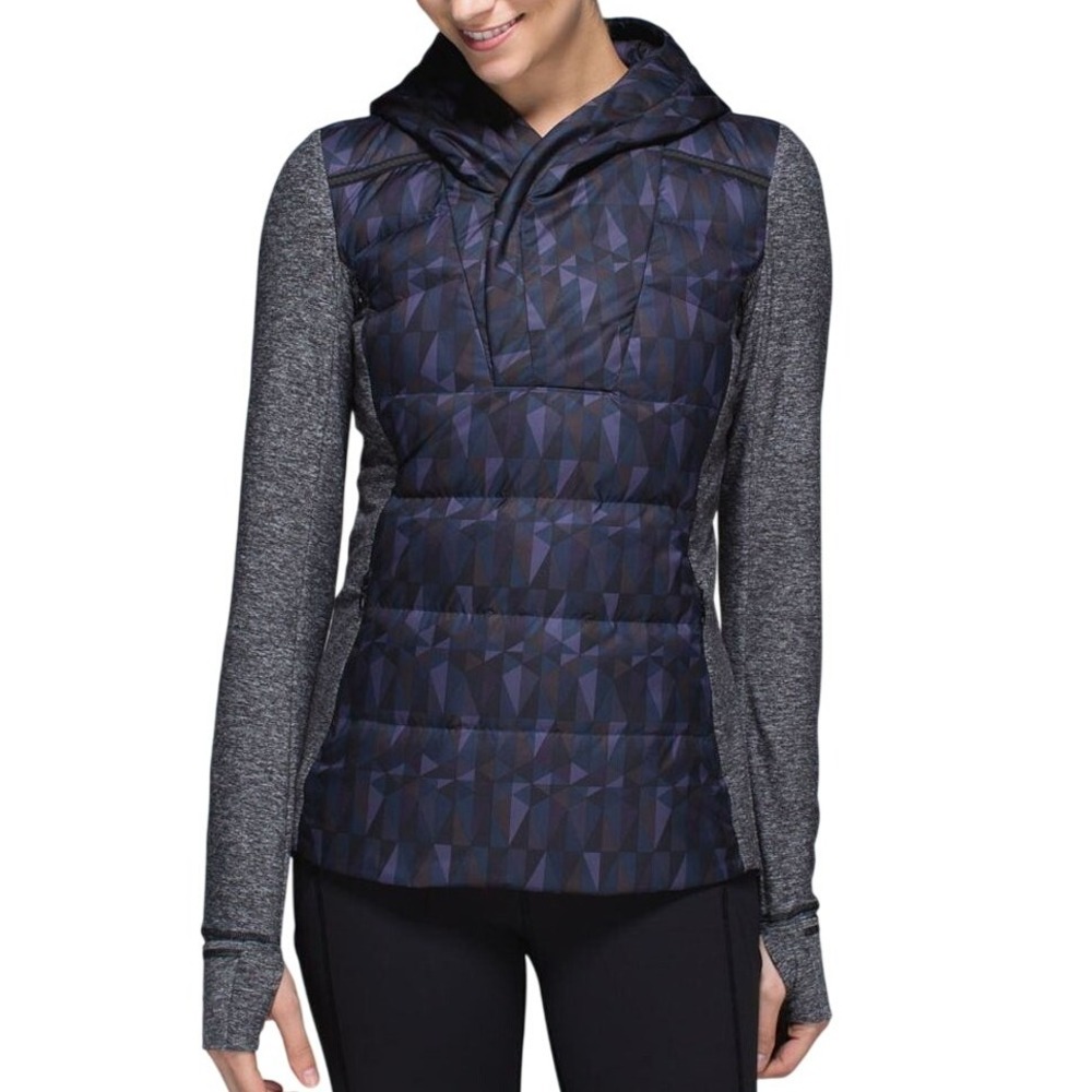Lululemon Hooded Down For‎ It All Jacket Heathered Black Gray Geometric Size 6